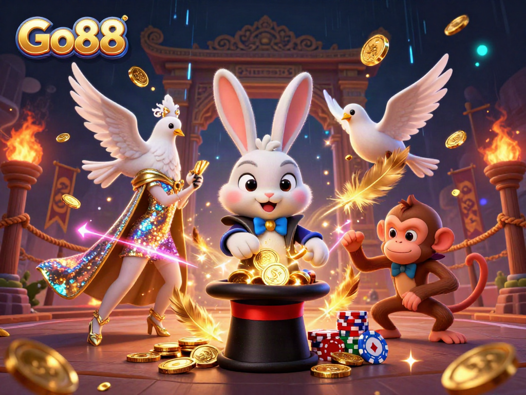 Experience the thrill of Go88 gaming with our magical casino scene, showcasing a playful magician, a charming dove, and a cheeky monkey.