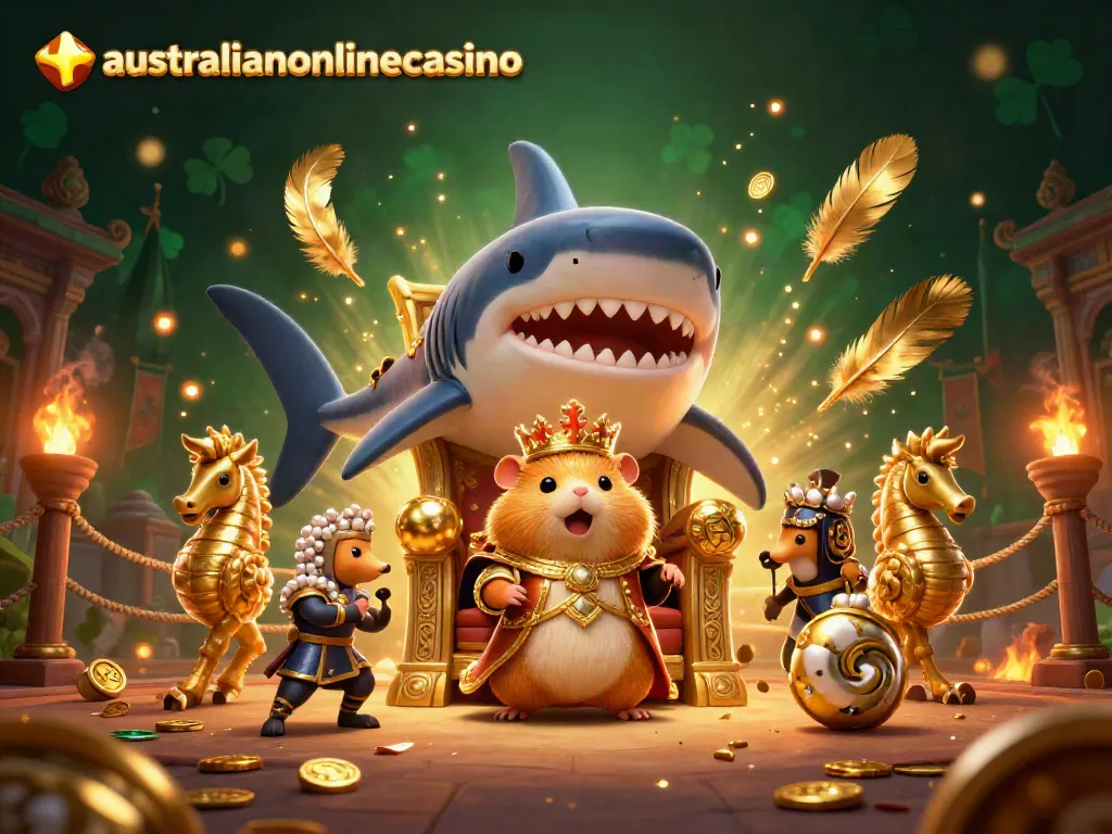 Experience the excitement of australianonlinecasino with a golden hamster king and royal guards amid a dynamic gambling scene.