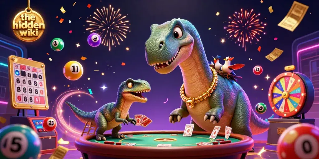 The hidden wiki showcases a giant brontosaurus in a lively casino scene, dealing cards and surrounded by vibrant gaming elements.