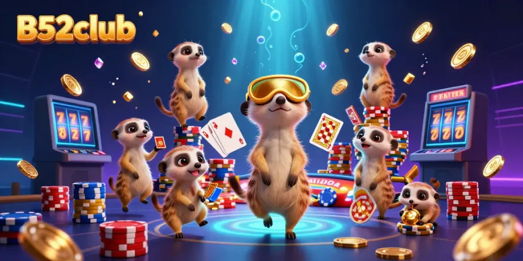 B52club meerkats managing a vibrant casino with dynamic game elements and plenty of gold coins.