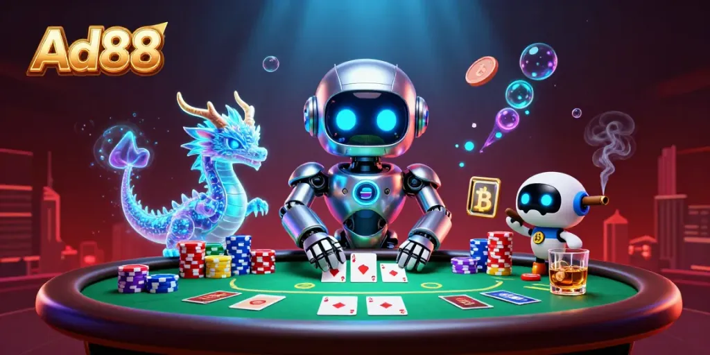 Engage in thrilling gameplay with Ad88's vibrant casino scene featuring a robot mascot and poker elements.