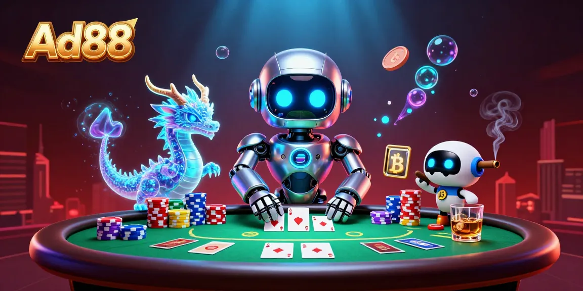 Engage in thrilling gameplay with Ad88's vibrant casino scene featuring a robot mascot and poker elements.
