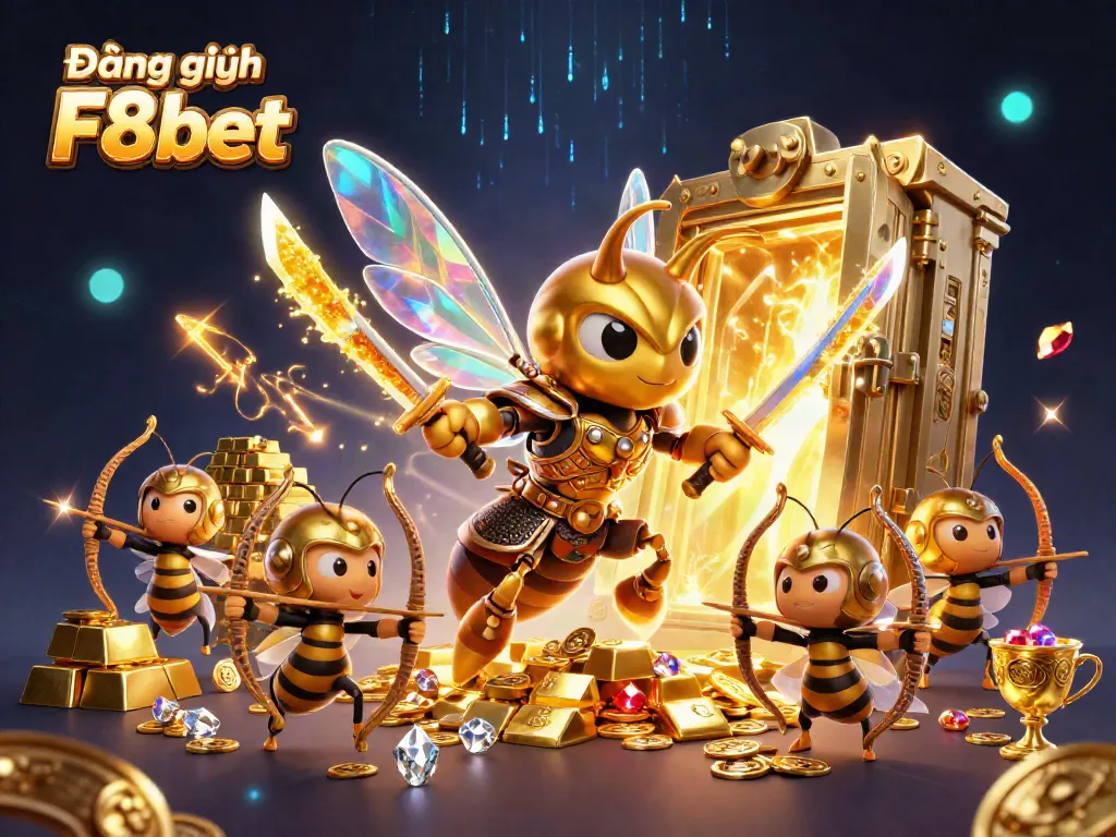 Engage in Đăng ký F8bet with an explosive casino experience illustrated through vibrant characters and dynamic gold elements.