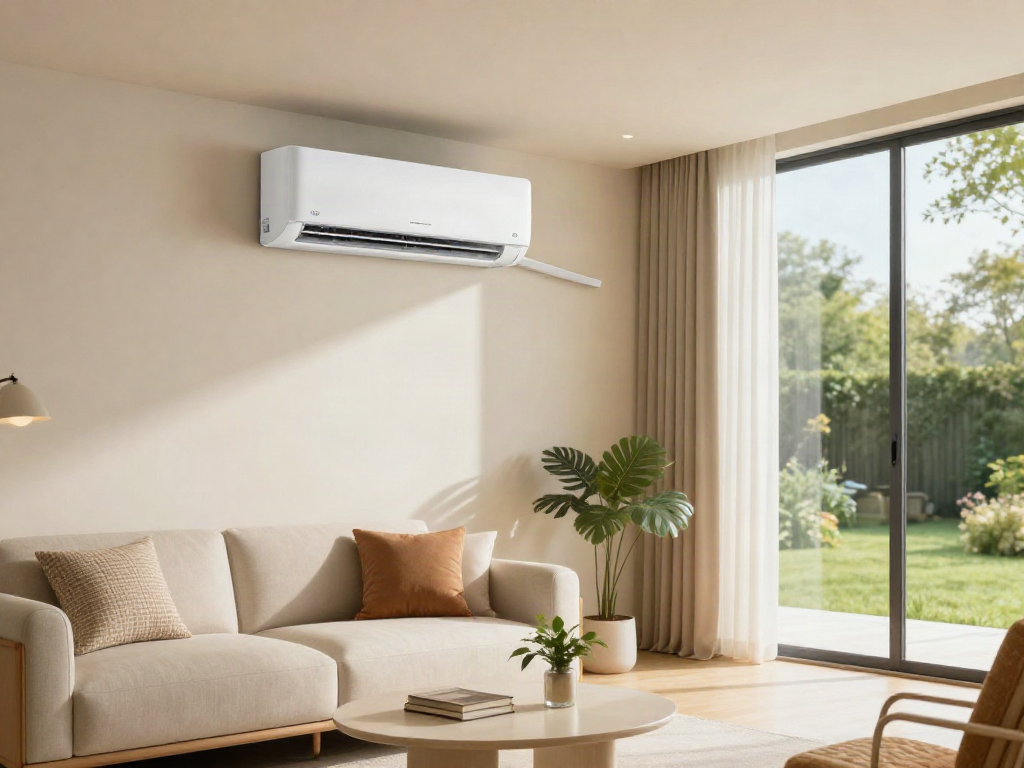 Comfortable living room featuring a modern mini split air conditioner enhancing the home ambiance.