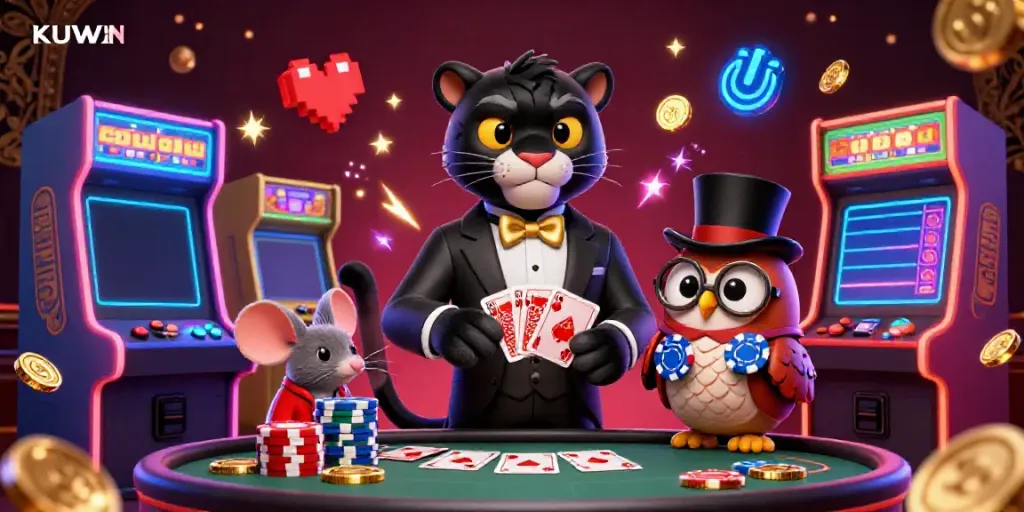 Experience the exciting KUWIN casino world with a stylish black panther and whimsical characters playing cards.