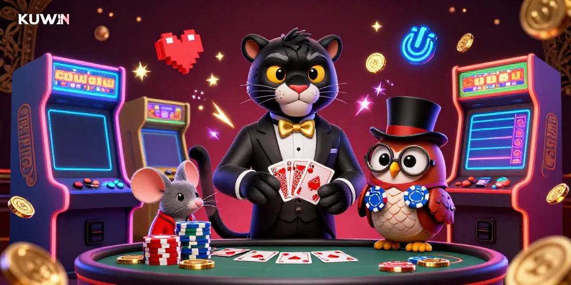 Experience the exciting KUWIN casino world with a stylish black panther and whimsical characters playing cards.