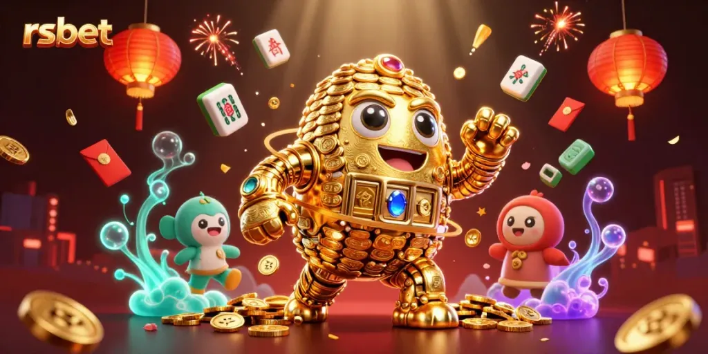 Experience engaging gameplay with rsbet's captivating golden golem character amidst festive casino elements.