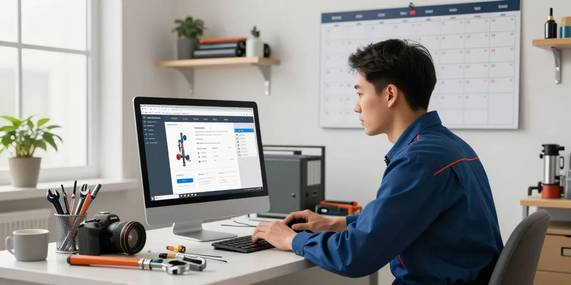 Plumbing Business Software showcased in a productive office scene with a professional plumber at work.