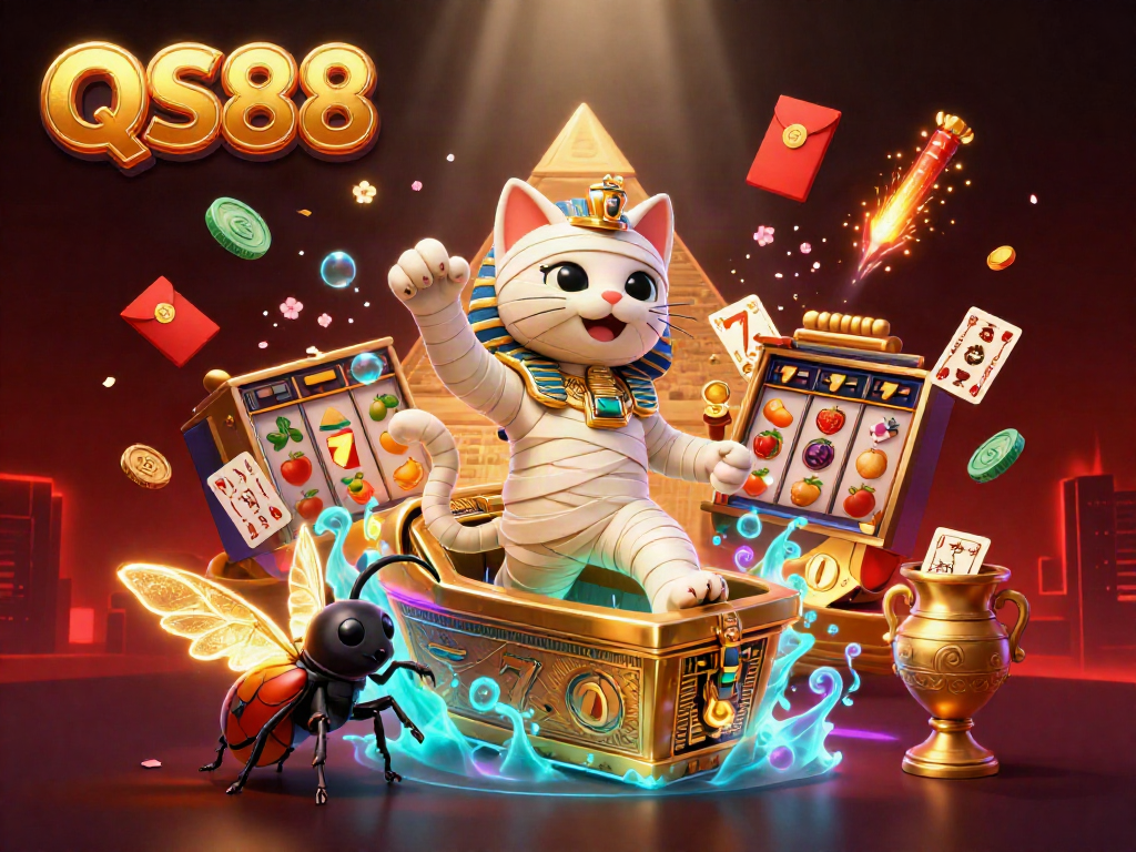 Experience the vibrant casino world of QS88 featuring a playful mummy cat and gold elements.