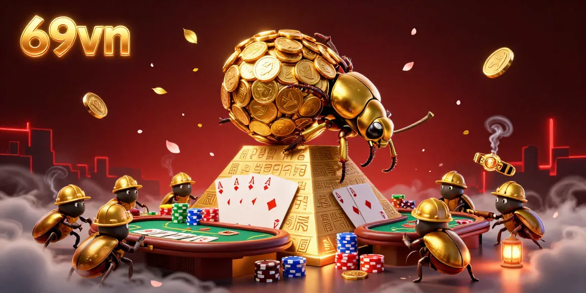 Engage with 69vn's dynamic gambling scene filled with golden coin beetles and vibrant poker elements.