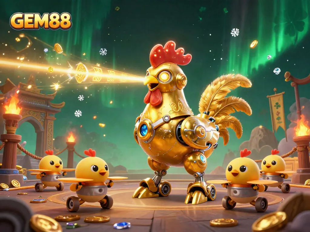 Experience GEM88 excitement with a dynamic scene featuring a golden rooster robot, baby chick drones, and rich casino elements.