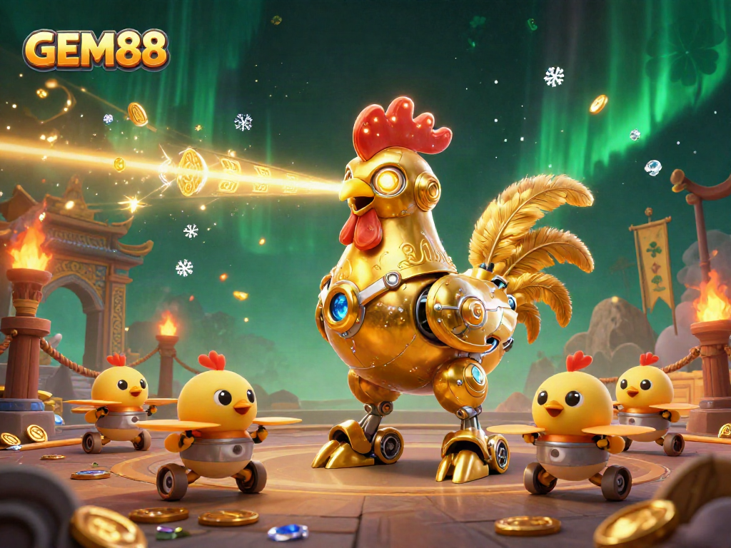 Experience GEM88 excitement with a dynamic scene featuring a golden rooster robot, baby chick drones, and rich casino elements.