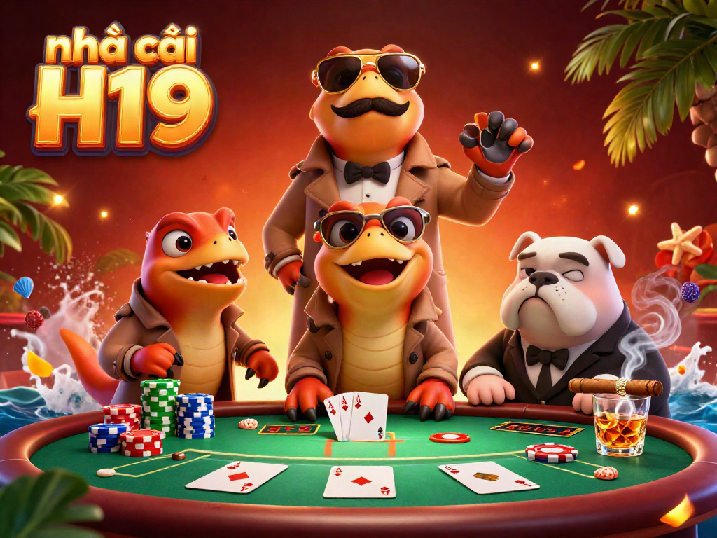 Interact with the vibrant casino scene featuring nhà cái H19, where playful raptors try to enter a VIP area surrounded by dramatic poker elements.