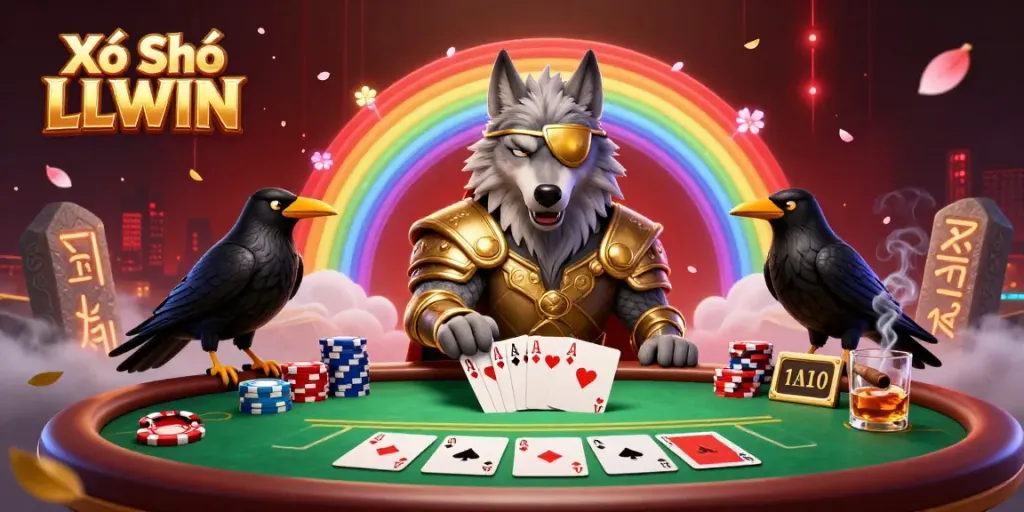 Experience the thrill of Xổ Số LLWIN illustrated in a vibrant 3D digital scene featuring Odin and ravens amidst casino elements.