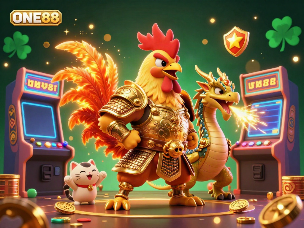 Engage with ONE88's thrilling casino experience featuring cartoon characters and gaming elements.
