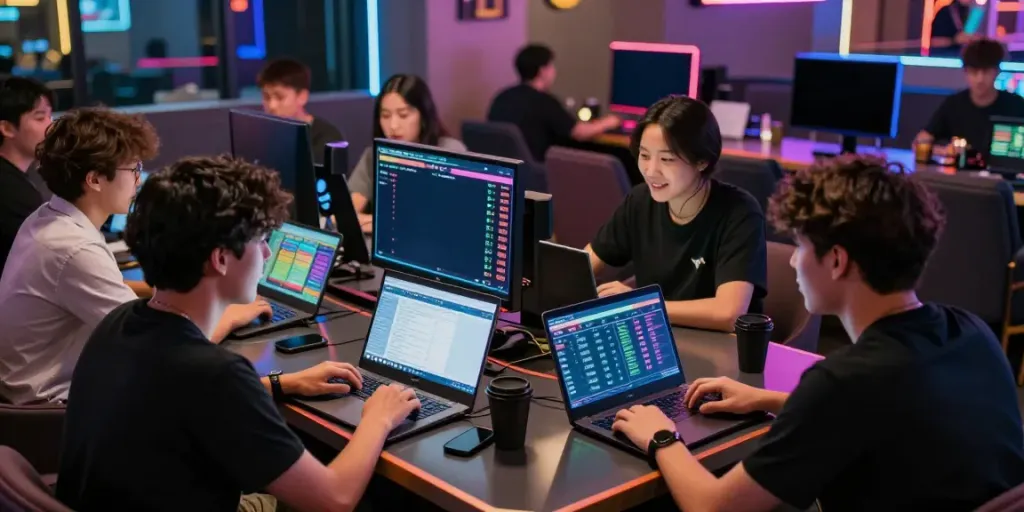 Engaging group of friends discussing Totobet strategies in a vibrant gaming lounge.