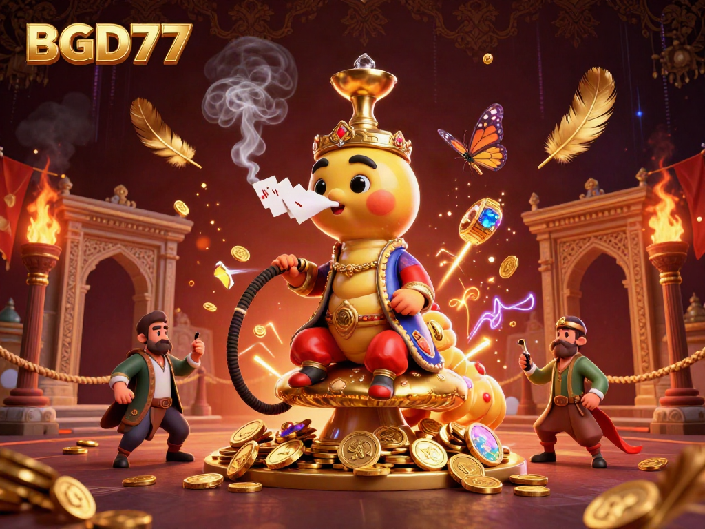 Experience the vibrant world of BGD77 with a dynamic casino-themed illustration showcasing a magical caterpillar and rich gambling elements.