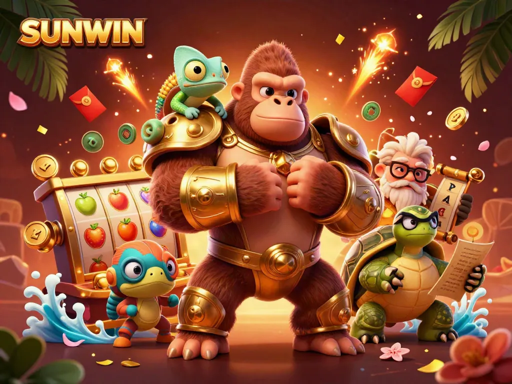 Experience the excitement of SUNWIN with vibrant 3D characters and dynamic casino elements.