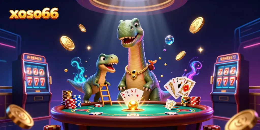Engage with exhilarating xoso66 gaming action featuring a dinosaur, raptor, and vibrant casino elements.