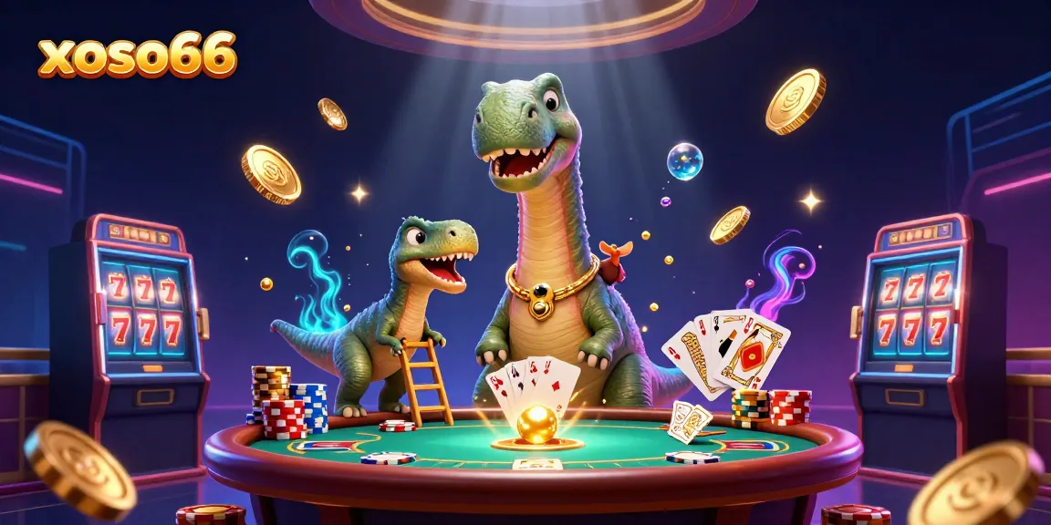 Engage with exhilarating xoso66 gaming action featuring a dinosaur, raptor, and vibrant casino elements.