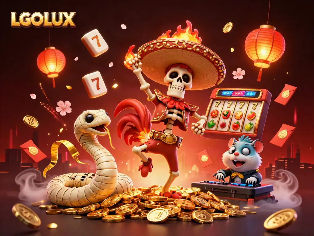 Experience the thrill of gaming with LGOLUX as a festive mariachi rooster dances among winnings.