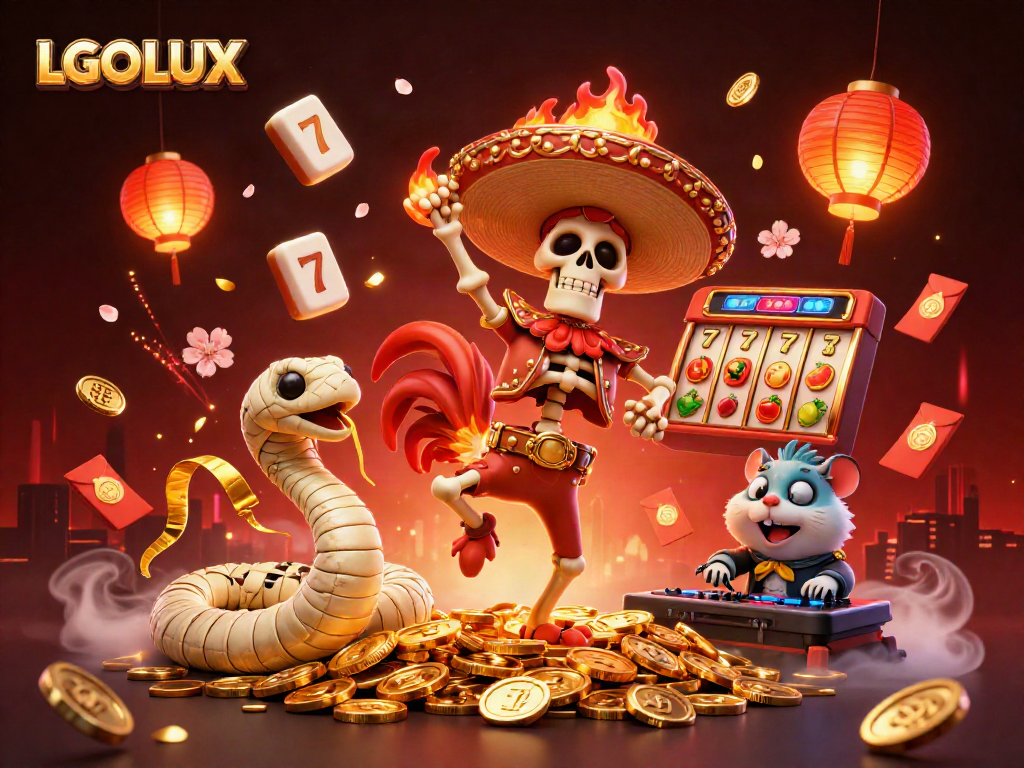 Experience the thrill of gaming with LGOLUX as a festive mariachi rooster dances among winnings.