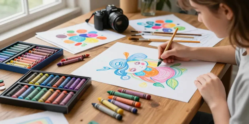 Variety of crayon types by crayon manufacturers on a workspace, showing artistic creativity.