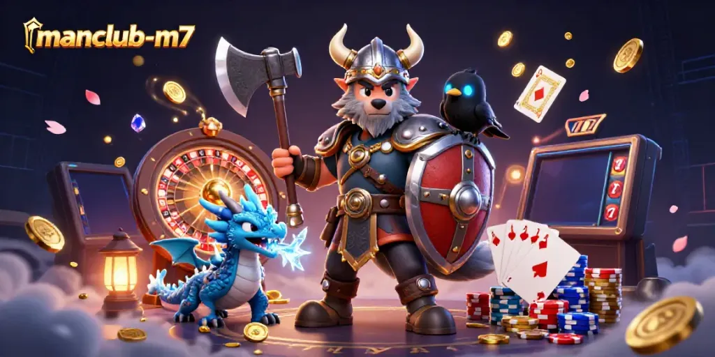 Engage in thrilling gaming action at manclub-m7 with Viking warrior and dragon amidst dazzling casino elements.