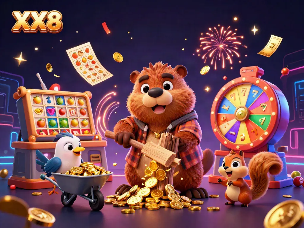Experience exciting gameplay with XX8's beaver mascot amidst golden coins and vibrant slot reels.