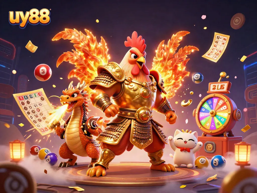Experience the thrilling gaming action at uy88 with colorful lottery symbols and dynamic characters.