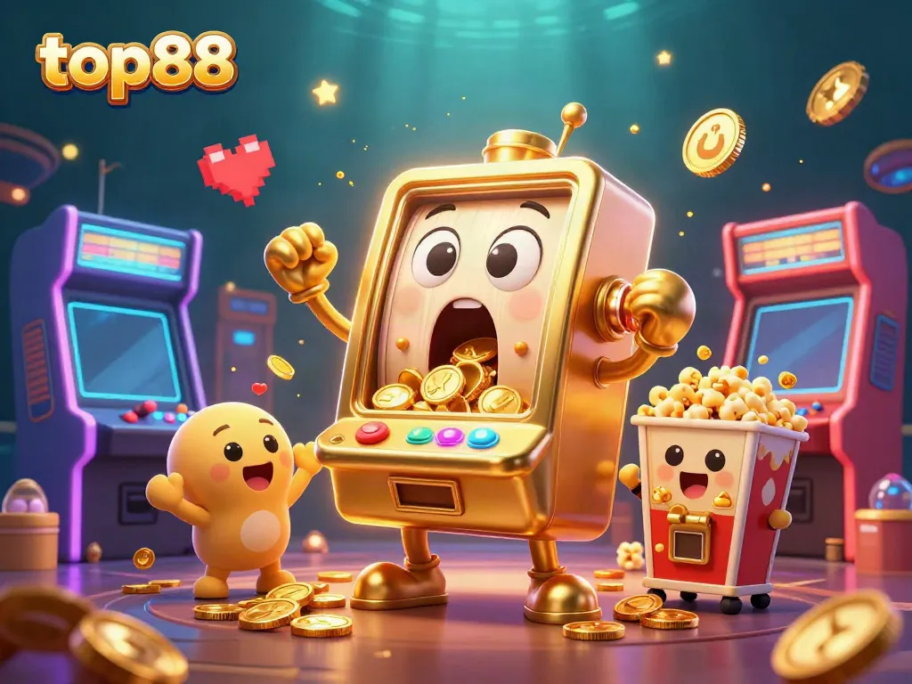 Experience the excitement of top88 as a golden slot machine hits a jackpot, surrounded by cheering baby slots and arcade elements.