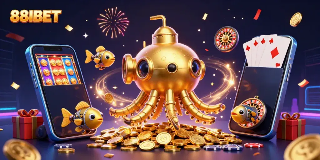 Experience the excitement of 88IBET with a golden kraken submarine, coins, and game elements.