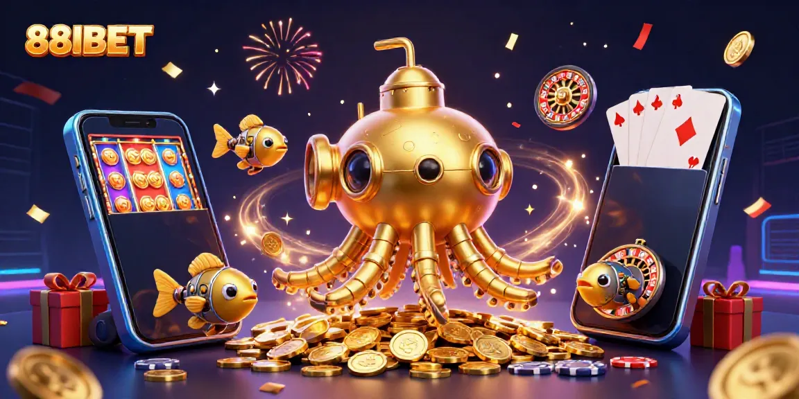 Experience the excitement of 88IBET with a golden kraken submarine, coins, and game elements.