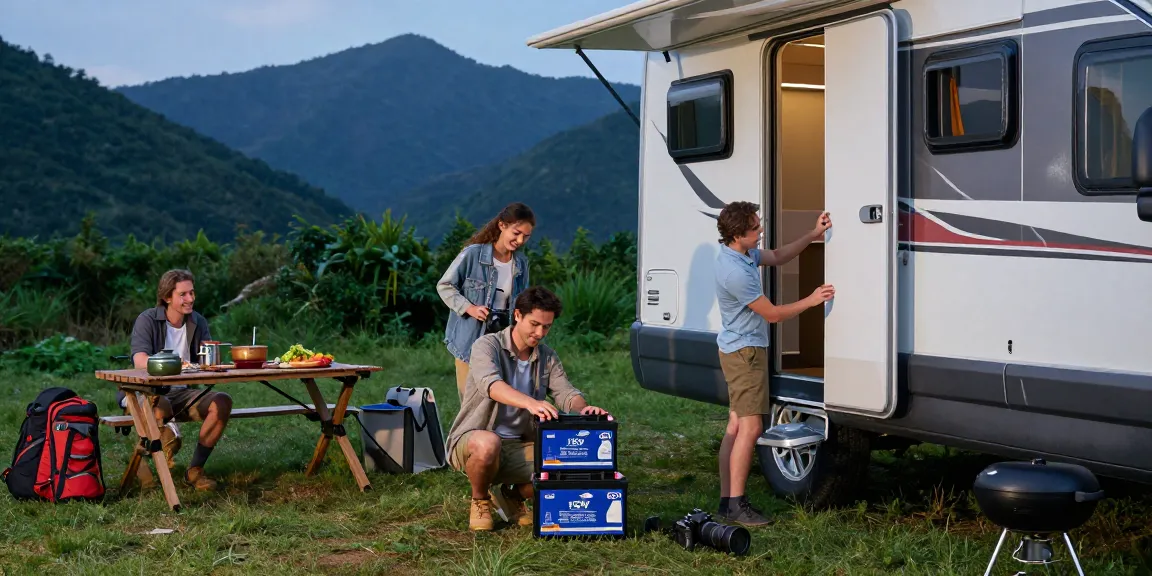 Couple installing 12V Lithium Batteries in an RV during an outdoor camping trip.