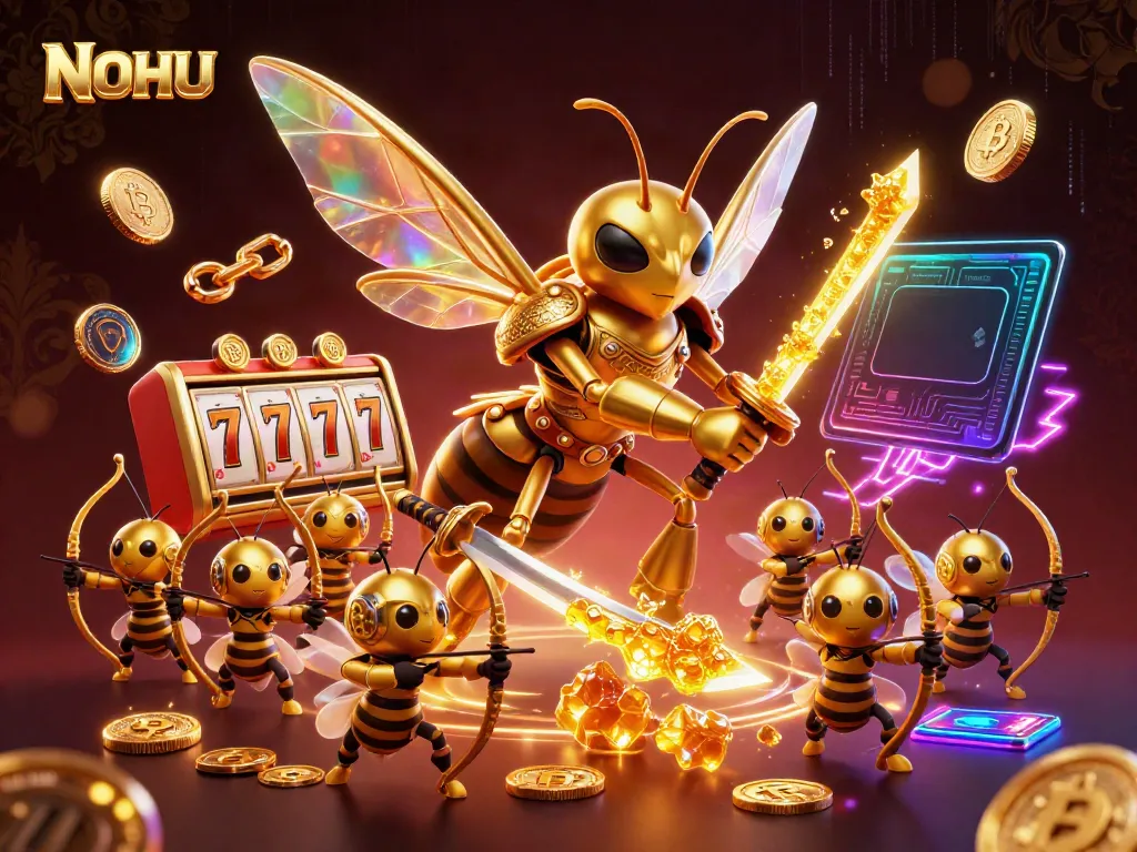 Experience the exciting world of NOHU with a giant hornet samurai and slot themes in a vibrant casino scene.