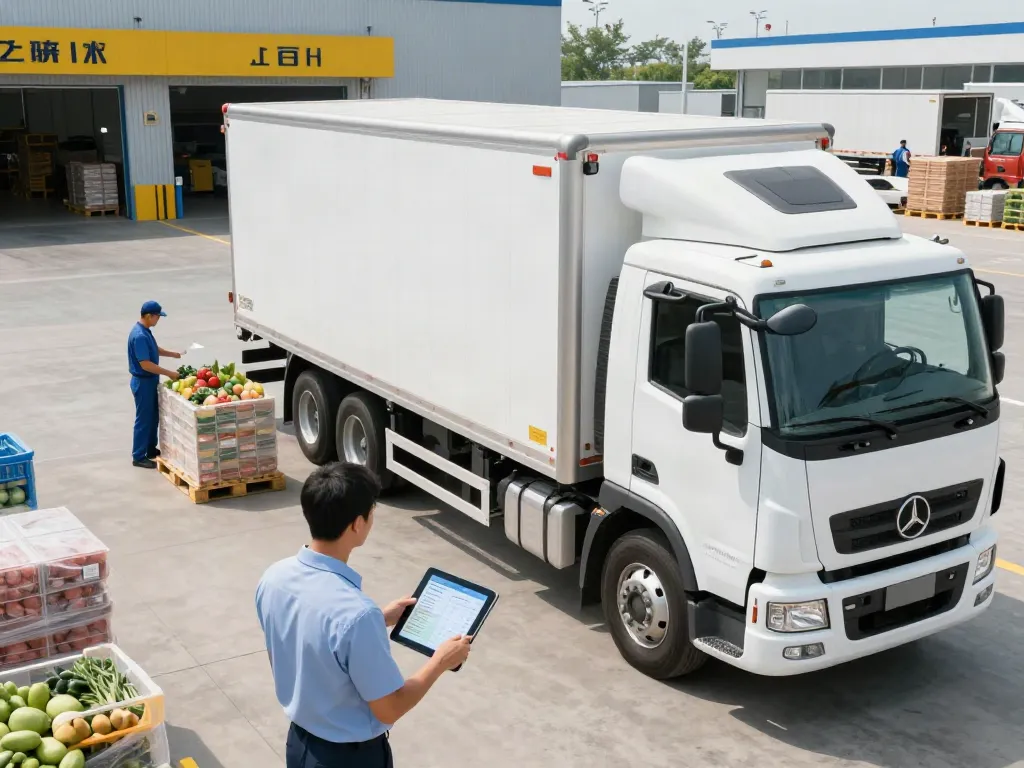 Frigo Spedition Deutschland - Kühltransporter bei der Beladung mit frischen Lebensmitteln in einem Logistikzentrum.