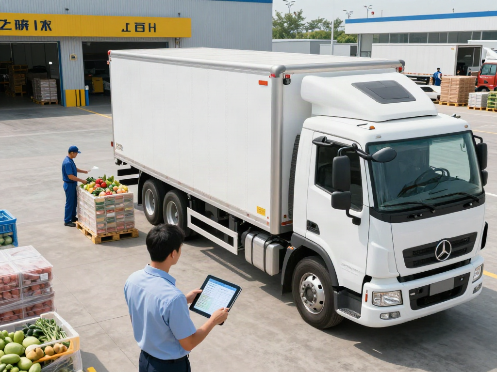 Frigo Spedition Deutschland - Kühltransporter bei der Beladung mit frischen Lebensmitteln in einem Logistikzentrum.