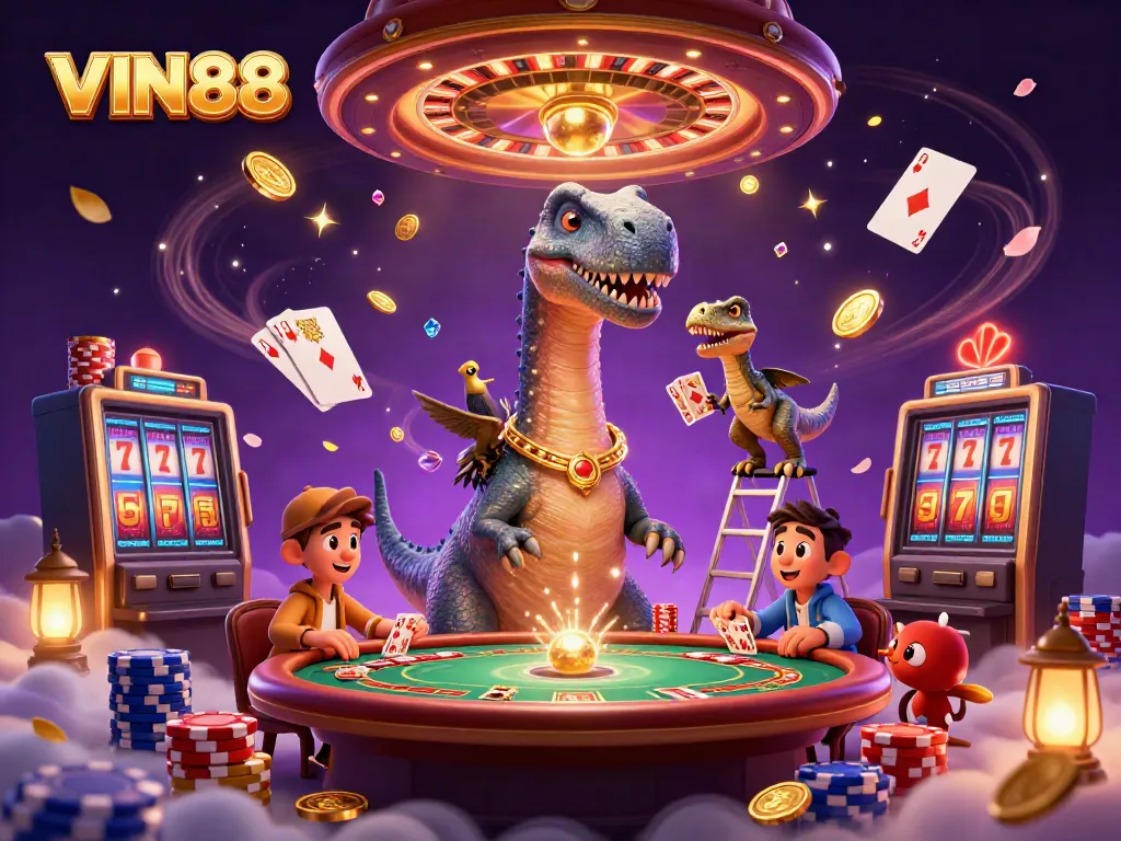 Experience the excitement of VIN88 as a dinosaur looms over a vibrant casino scene.