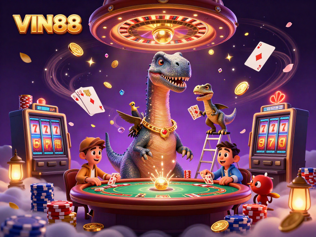 Experience the excitement of VIN88 as a dinosaur looms over a vibrant casino scene.