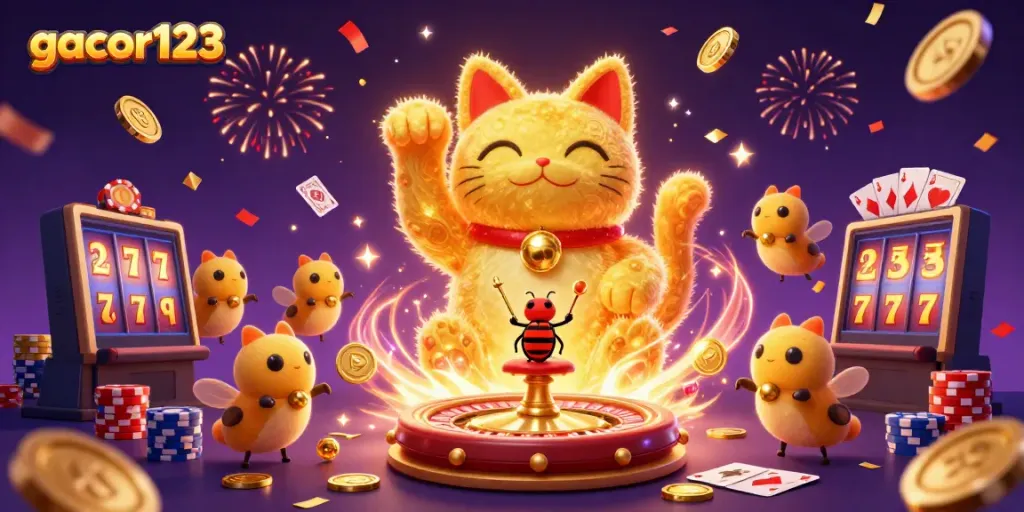 Experience excitement at gacor123 with dynamic golden fireflies and vibrant casino symbols!