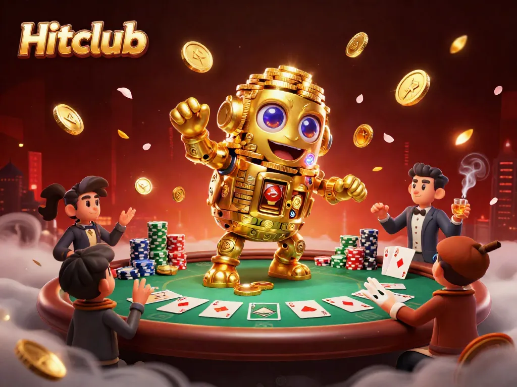 Engaging Hitclub casino scene featuring a golden golem surrounded by poker elements and vibrant visuals.