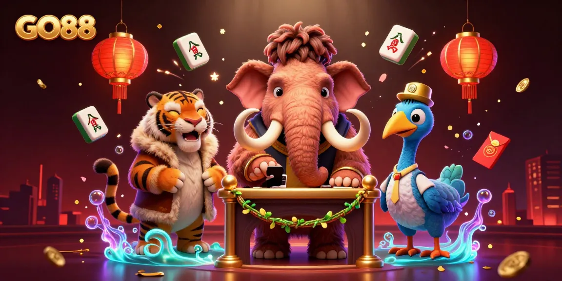 Experience GO88 with a vibrant casino scene featuring unique characters, game elements, and festive decorations.