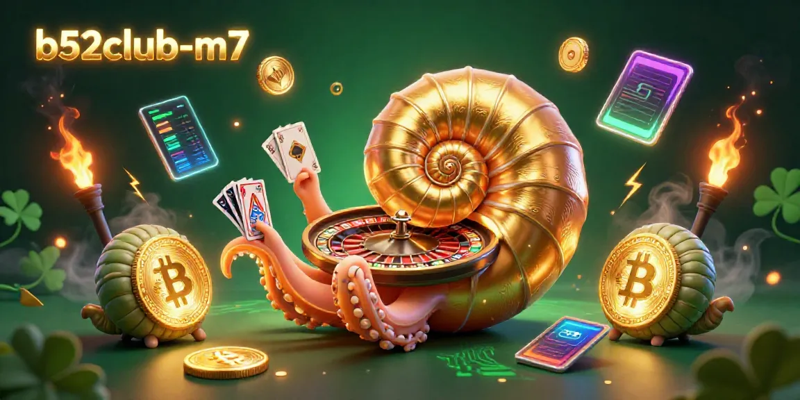 Engage with the unique b52club-m7 gaming scene featuring an ancient nautilus roulette wheel and glowing crypto coins.