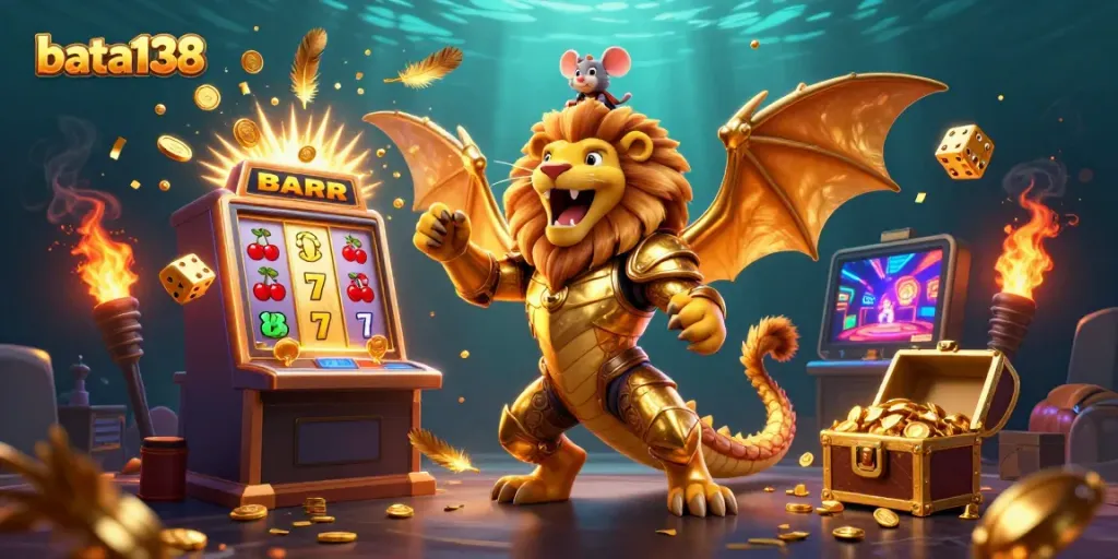 Bata138 slot gaming experience with a golden chimera champion and exciting casino elements.