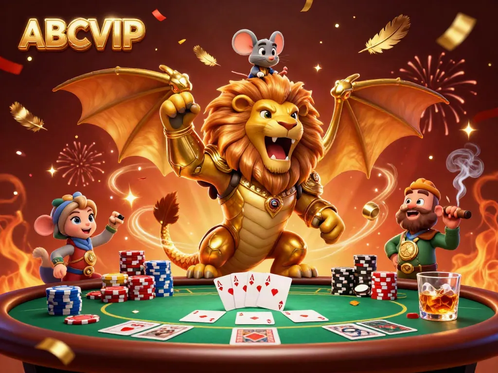 ABCVIP showcases a triumphant chimera with a mouse jockey amidst poker elements and celebratory confetti.
