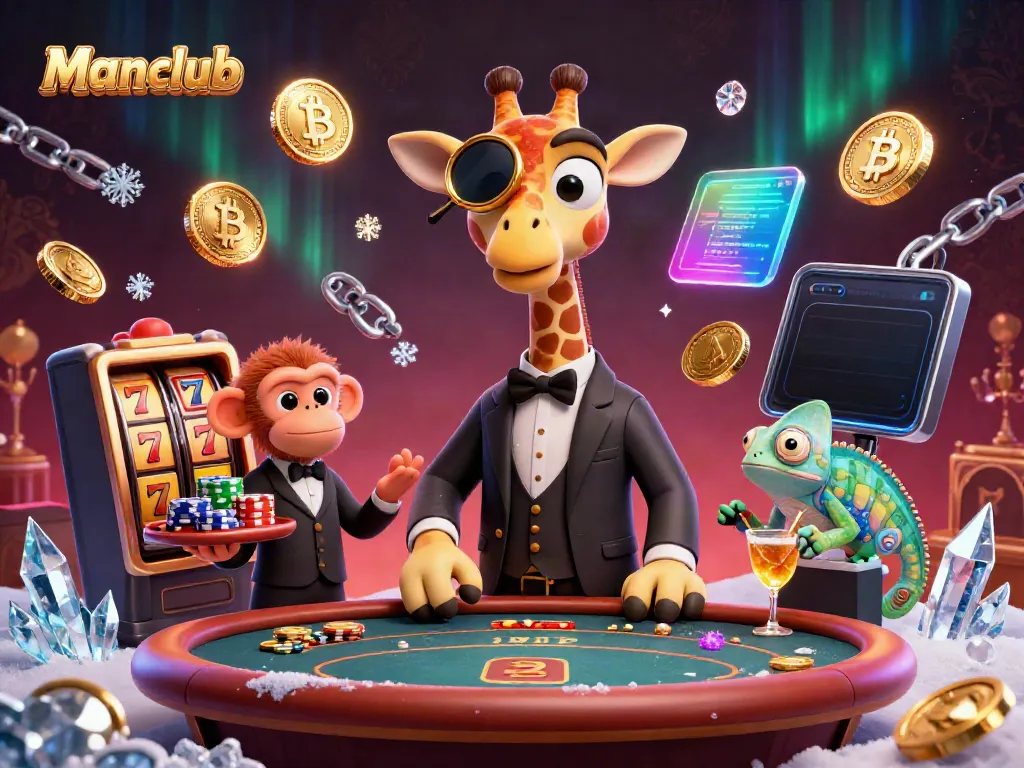Experience Manclub's thrilling gaming scene with giraffe high-roller and vibrant slot reels.