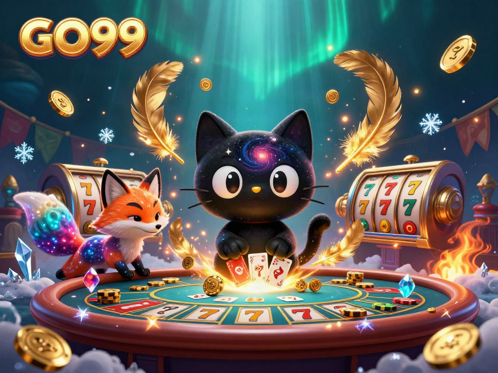 Experience the thrill of GO99 with vibrant casino elements and dynamic characters in a cosmic setting.