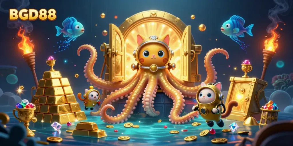 Experience exciting BGD88 gaming as a giant kraken and diving cat explore a treasure-filled ocean.