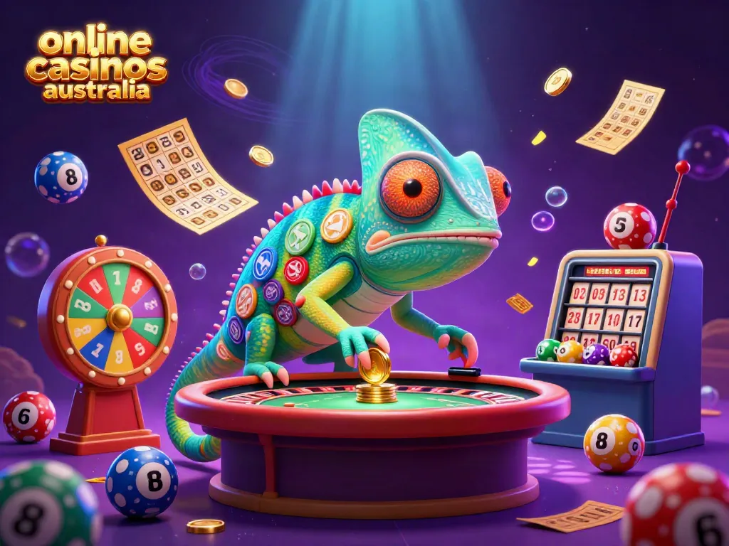 Engage with online casinos Australia featuring a colorful dynamic scene of a chameleon casino owner and vibrant game elements.