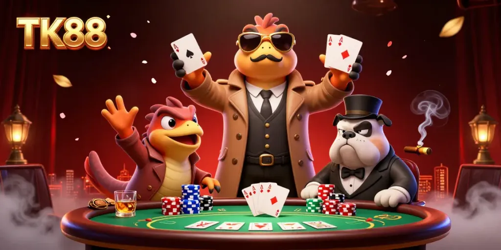 TK88's cartoon raptors sneak into a VIP casino lounge, portrayed in a dynamic 3D scene.